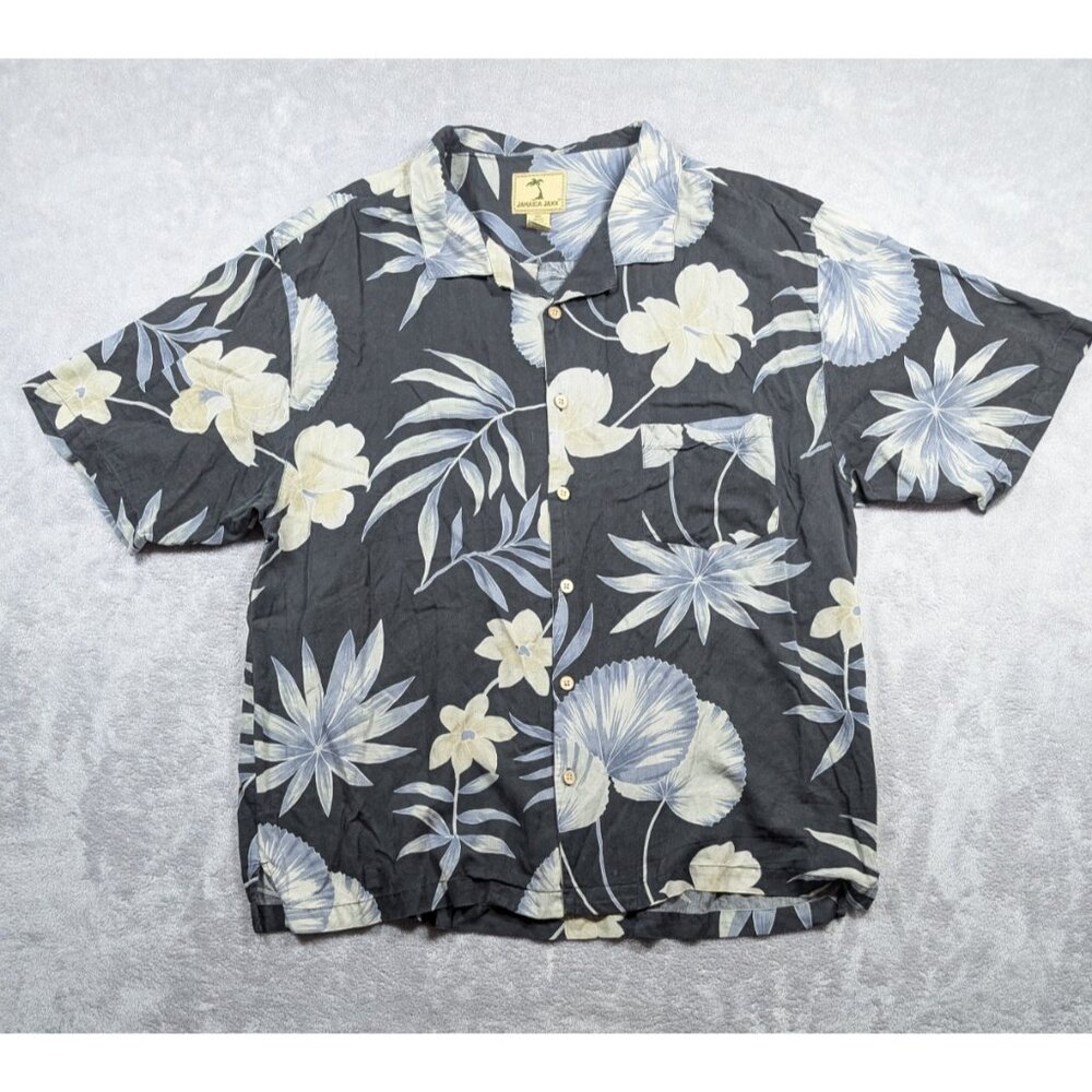 Jamaica Jaxx Silk Button Up Shirt Mens XXL Black Floral Hawaiian Vacation Resort